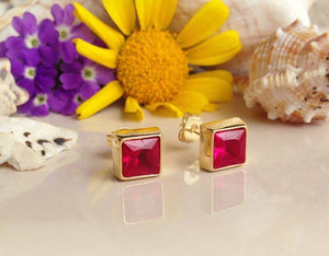 1ct Princess Cut Pink Ruby Solitaire Women Stud Earrings 14k Yellow Gold Finish