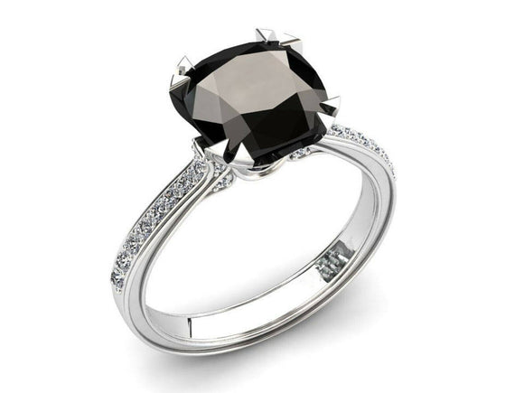 1.6ct Cushion Black Diamond Engagement Ring Accents Solitaire 14k WhiteGold Over