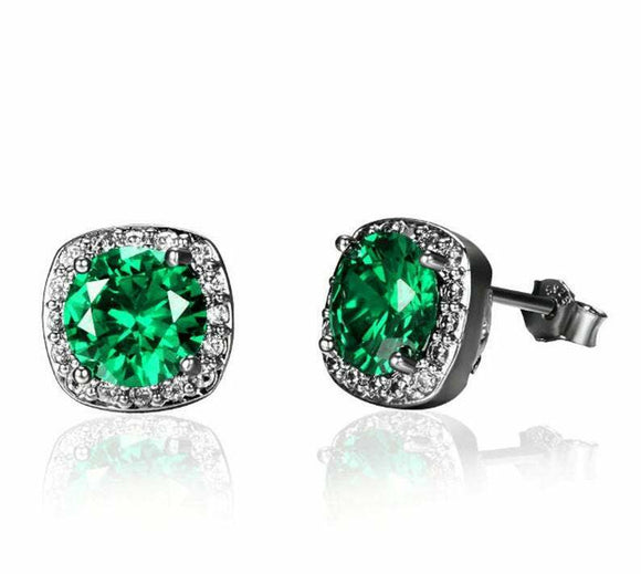 2ct Stud Earrings Round Cut Green Emerald Diamond Halo 14k White Gold Finish