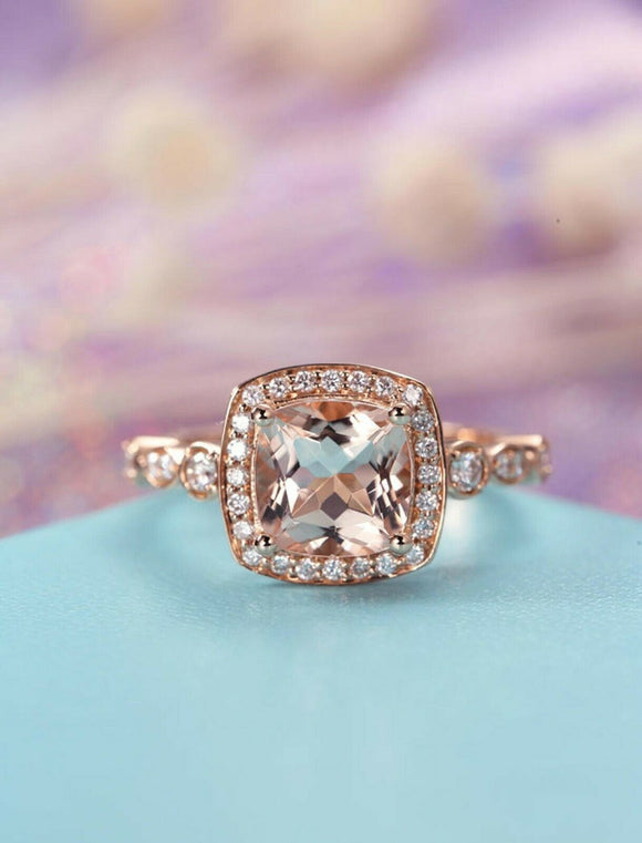 2ct Cushion Cut Peach Morganite Engagement Ring Halo Diamond 14k RoseGold Finish