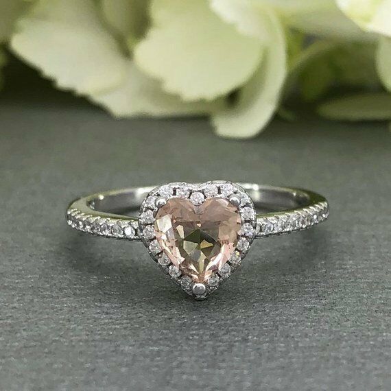 1ct Heart Cut Peach Morganite Halo Solitaire Engagement Ring 14k White Gold Over