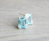 1.2ct Stud Earrings Emerald Cut Aquamarine Solitaire Design 14k WhiteGold Finish