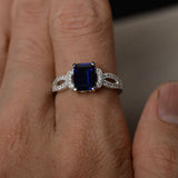 2ct Emerald Cut Blue Sapphire Engagement Ring 14k White Gold Finish Split Band