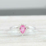 0.75ct Pear Cut Pink Sapphire Diamond Halo Engagement Ring 14k White Gold Finish