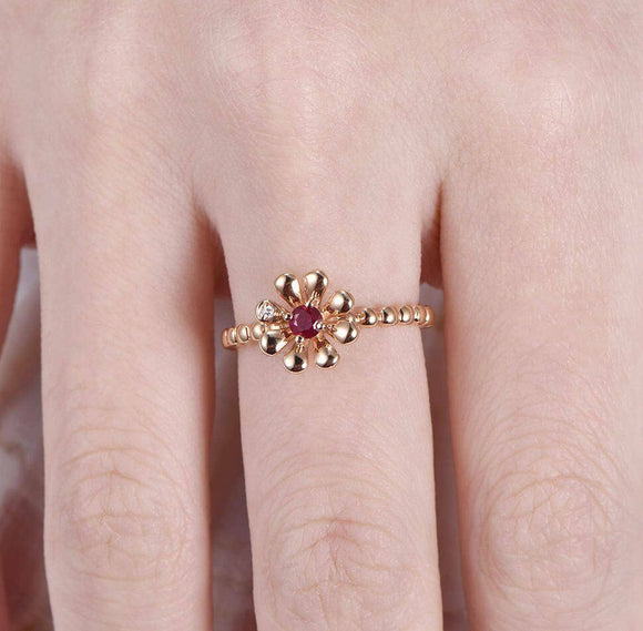 1ct Round Cut Pink Ruby Flower Design Engagement Ring 14k Rose Gold Finish