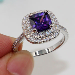 2ct Cushion Cut Purple Amethyst Engagement Ring 14k White Gold Finish Dual Halo