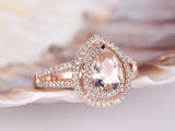 1.2ct Pear Cut Peach Morganite Double Halo Engagement Ring 14k Rose Gold Finish