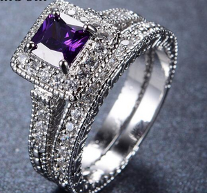 3Ct Princess Cut Amethyst Bridal Set Halo Engagement Ring 18K White Gold Finish