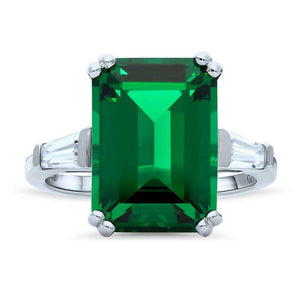 1.5Ct Green Emerald Trilogy Engagement Ring 14K White Gold Over Baguette Accents