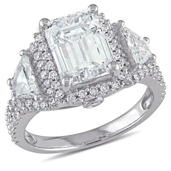 5Ct Emerald Cut Diamond Halo Iced Trilogy Engagement Ring 14K White Gold Finish