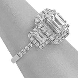 4Ct Emerald Cut DVVS1 Diamond Trilogy Halo Engagement Ring 14K White Gold Finish