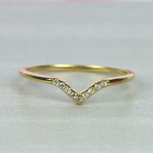 0.8ct Round Cut Diamond Wedding Band V Shaped Petite Curved 14k Yellow Gold Over