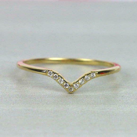 0.8ct Round Cut Diamond Wedding Band V Shaped Petite Curved 14k Yellow Gold Over