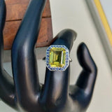 2.7ct Emerald Cut Yellow Citrine Blue Sapphire Halo Ring 14k White Gold Finish