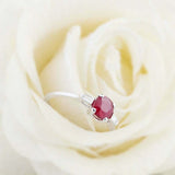 1.5ct Cushion Cut Pink Ruby Baguette Accents Trilogy Ring 14k White Gold Finish