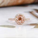 1.5ct Round Cut Peach Morganite Engagement Ring Diamond Halo 14k Rose Gold Over