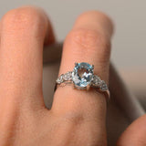 2ct Oval Cut Blue Aquamarine Heart Shape Round Accent Ring 14k White Gold Finish