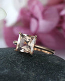 1ct Princess Cut Peach Morganite Solitaire Engagement Ring 14k Rose Gold Finish