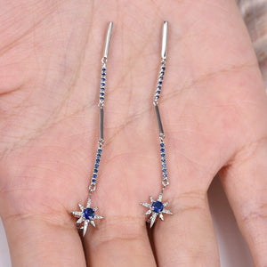 1ct Round Cut Blue Sapphire Snowflake Design Drop Earrings 14k White Gold Finish