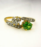 3Ct Round Cut Green Peridot Diamond 2 Stone Engagement Ring 14K Yellow Gold Over