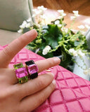 4Ct Emerald Cut Pink Sapphire Peridot Three Stone Ring 14K Yellow Gold Finish