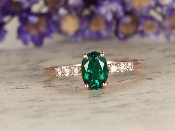 1.2ct Oval Cut Green Emerald Engagement Ring Diamond Accents 14k RoseGold Finish