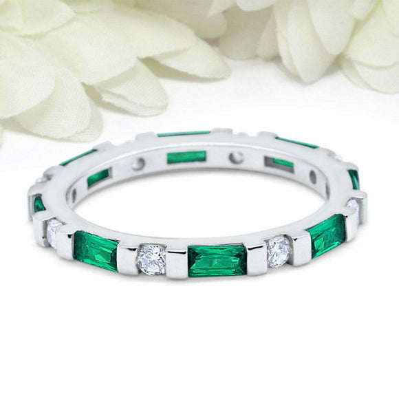 1.2ct Baguette Green Emerald Wedding Band Eternity Stackable 14k White Gold Over