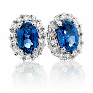 1.5ct Oval Cut Blue Sapphire Halo Design Stud Earrings 14k White Gold Finish