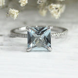 3Ct Princess Cut Blue Aquamarine Hidden Halo Engagement Ring 14K White Gold Over