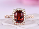 2ct Elongated Cushion Cut Red Garnet Engagement Ring Halo 14k Rose Gold Finish