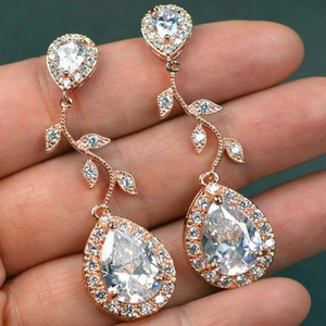 3ct Pear Cut VVS1D Diamond Halo Leaf Design Dangle Earrings 14k Rose Gold Finish