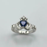 1ct Heart Blue Sapphire Engagement Ring Diamond Claddagh 14k White Gold Finish