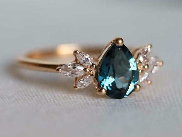 1.6ct Engagement Ring Pear Cut London Blue Topaz Leaf Accent 14k RoseGold Finish