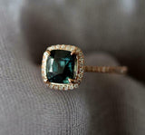 1ct Engagement Ring Cushion Cut London Blue Topaz Diamond Halo 14k RoseGold Over