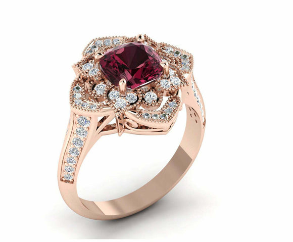 2.5ct Cushion Cut Red Garnet Floral Vintage Inspired Ring 14k Rose Gold Finish