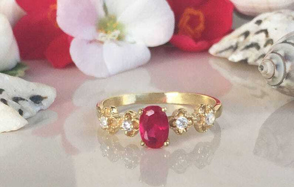 1.3ct Engagement Ring Oval Cut Pink Ruby Milgrain Floral 14k Yellow Gold Finish