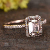 1.5ct Emerald Cut Morganite Engagement Ring Round Accent Halo 14k Rose Gold Over