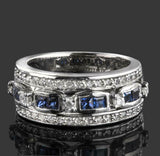 2ct Princess Blue Sapphire Wedding Band Vintage Inspired Wide 14k WhiteGold Over