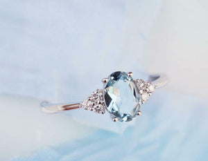 1.2ct Oval Cut Blue Aquamarine Engagement Ring Diamond Petite 14k WhiteGold Over