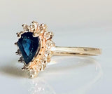 2ct Pear Cut Blue Sapphire Diamond Floral Solitaire Ring 14k Yellow Gold Finish