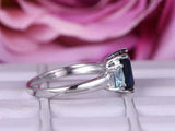 1.9ct Emerald Cut Blue Sapphire Engagement Ring Trilogy 14k White Gold Finish