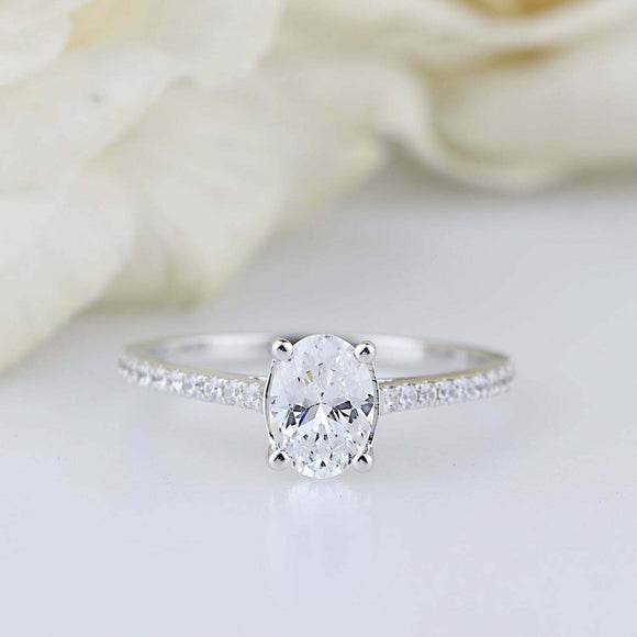 1.6ct Oval Cut Diamond 4 Prong Solitaire with Accents Ring 14k White Gold Finish