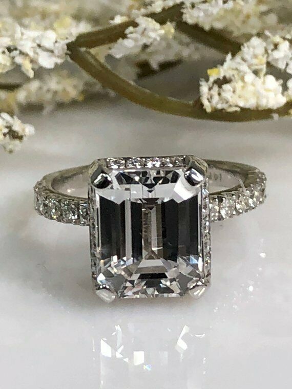 1.5ct Emerald Cut Diamond Accent Solitaire Engagement Ring 14k White Gold Finish