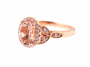 2.5Ct Oval Cut Peach Morganite Diamond Leaf Accents Halo Ring 14K Rose Gold Over