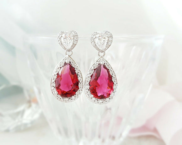 4ct Pear Cut Pink Ruby Halo Drop Gatsby Queens Earrings 14k White Gold Finish