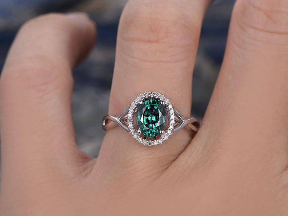 1.4Ct Oval Cut Green Emerald Halo Split Band Engagement Ring 14K White Gold Over