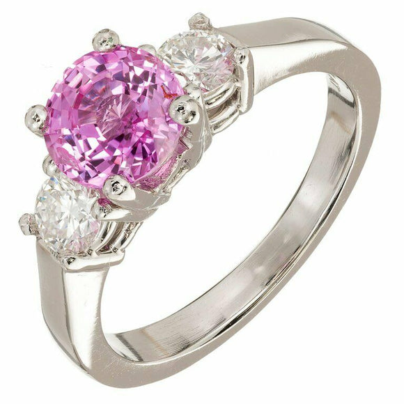 1.79ct Round Cut Pink Sapphire Engagement Ring Trilogy 14k White Gold Finish