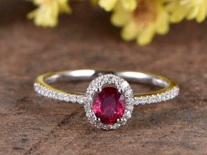 1.7ct Oval Cut Pink Ruby Engagement Ring Round Accent Halo 14k White Gold Finish