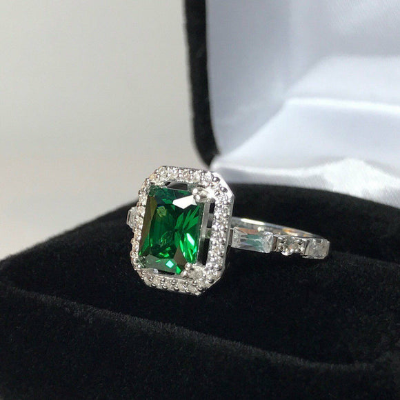 2.3ct Green Emerald Baguette Diamond Band Engagement Ring 14k White Gold Finish