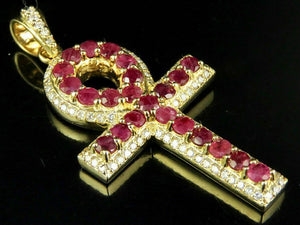 3.5ct Round Cut Pink Ruby Egyptian Ankh Cross Pendant 14k Yellow Gold Finish